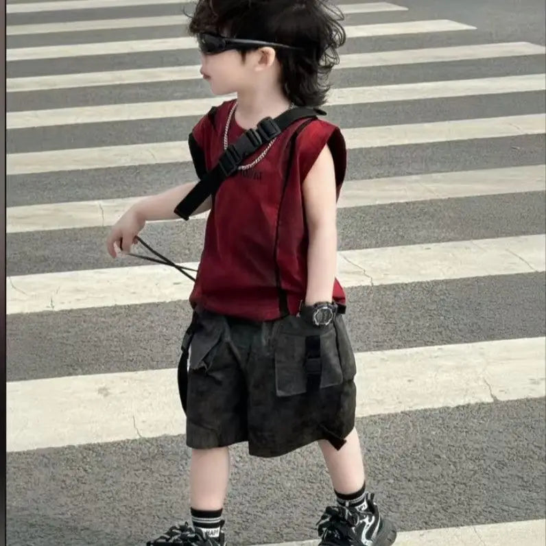 Summer Boys Loose Sleeveless Printed T-Shirt Tops + Hole Shorts  Set Child Outfit Handsome Kids Clothes Boys 2-10Y Vest Suit