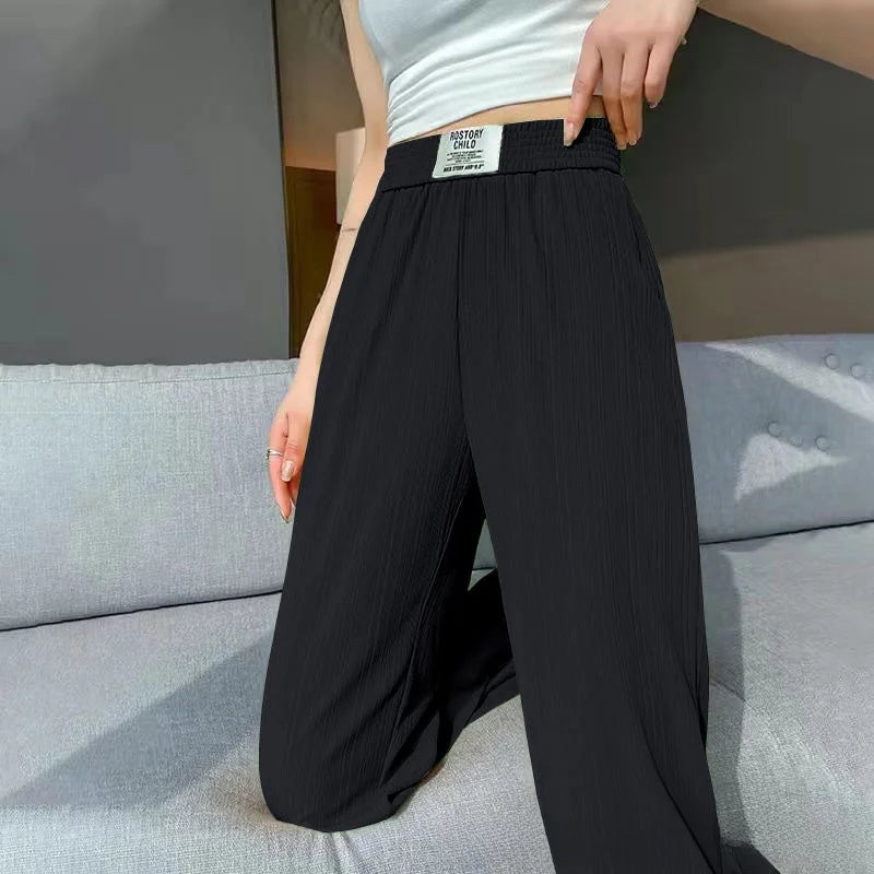 Ice Silk Wide Leg Pants Women's Spring Summer Autumn Thin High Waist Loose Straight Casual Long Trousers Comfortable Polyeste...