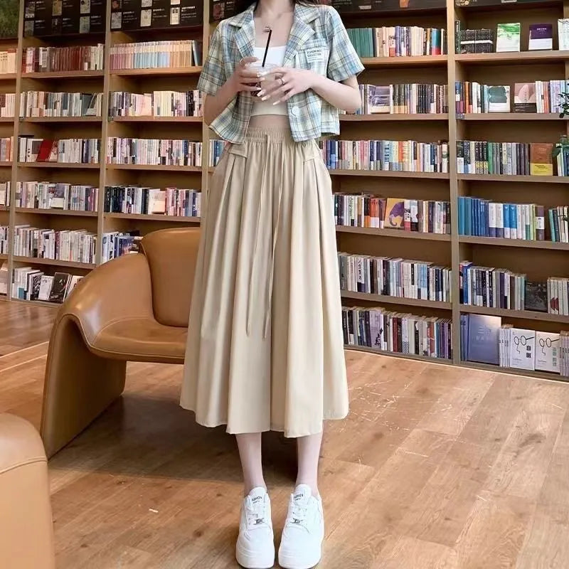 Summer Ice Silk Wide Leg Pants Women's Loose Casual Long Trousers High Waist Korean Sle Polyester Fiber Drapey Sumi Pants