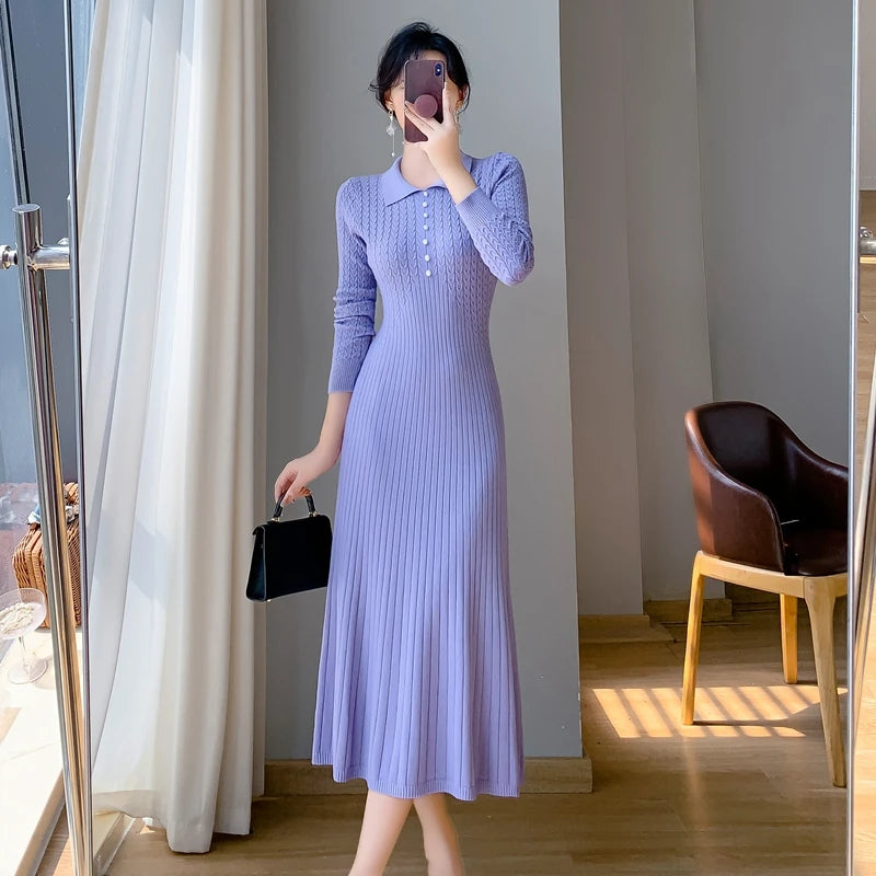 Sweater Dress Women New  Autumn Winter Purple White Or Black High Waist A Line Dress Elegant Long Knitted Dress