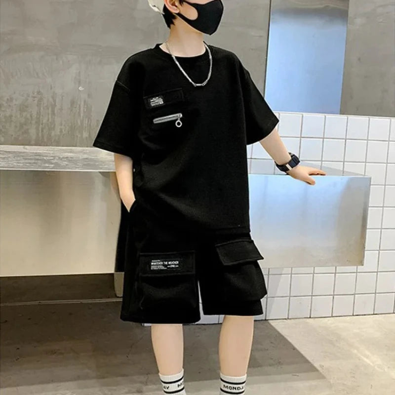 Summer Kids Boys T-Shirt+Shorts 2-Piece Set Letter Printing Children Teen Loose Comfortable Sports Casual Clothes 4-14 Years Old