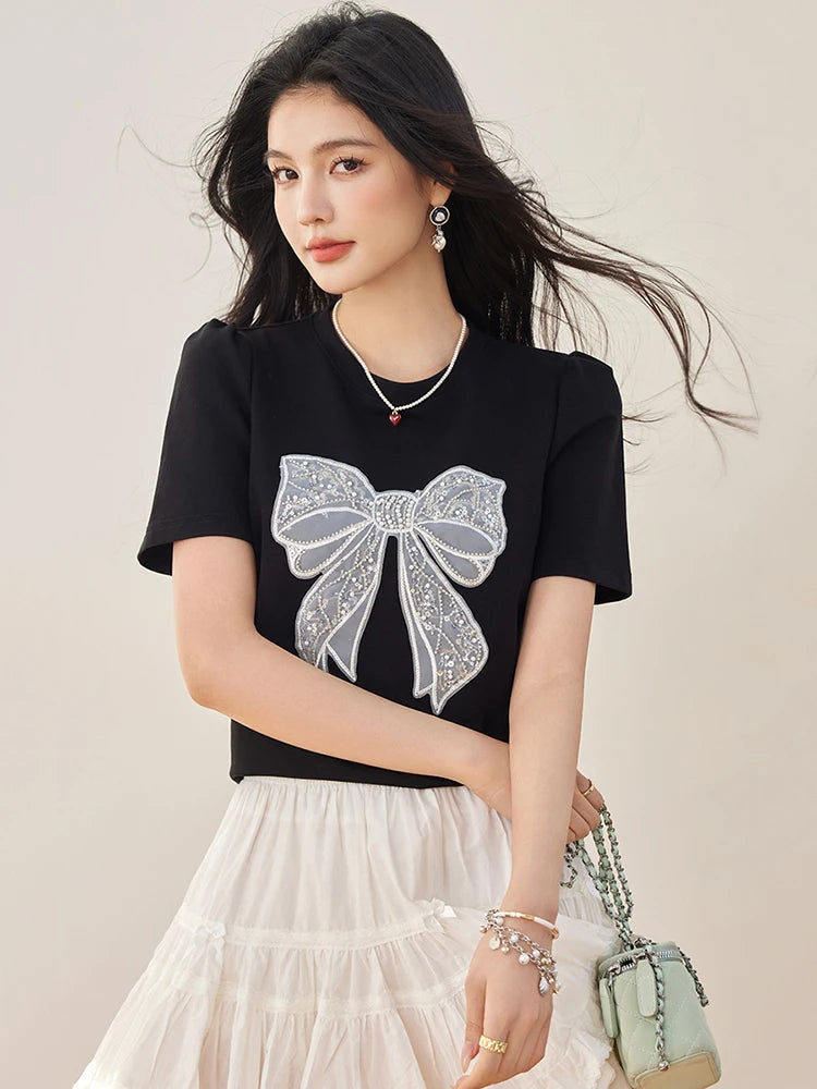 Summer New Sweet Short Sleeved T-shirt Women Fashion Bow Tops Harajuku Casual Simple T-shirt Y2k Top