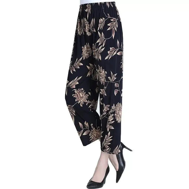 High Waist Floral Pants Straight Leg Home Leisure Women's plus Size High Elasticity Air Conditioning Pants Casual Trousers