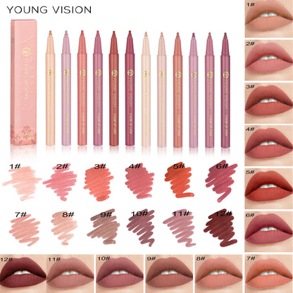 12 color matte liquid lipliner sponge gourd head fog surface bare color waterproof lip glaze red pen