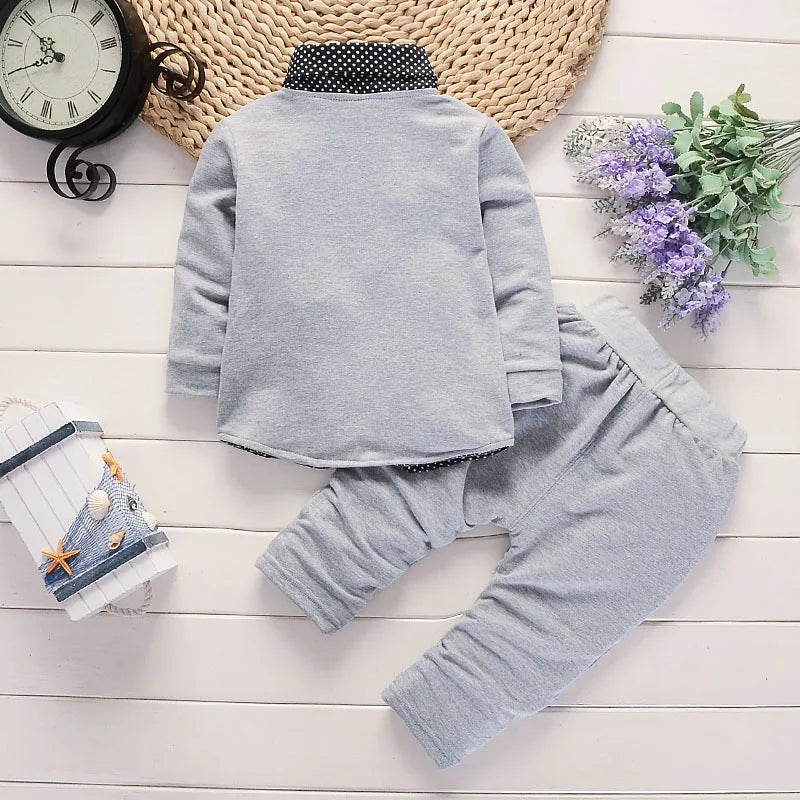 Spring and Autumn New Boys' Dot Colored Bow Knot Long Sleeve Pants Gentleman Two Piece Wedding Flower Children Polo Set for 1-5Y