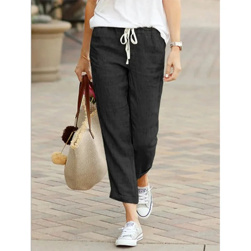 Autumn Cotton Women's Pants  Black Drawstring Elastic Waist Casual Pants Female Loose Fashion Elegant Ladies Bottom