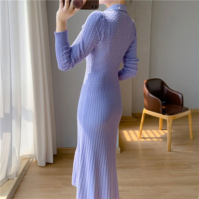 Sweater Dress Women New  Autumn Winter Purple White Or Black High Waist A Line Dress Elegant Long Knitted Dress