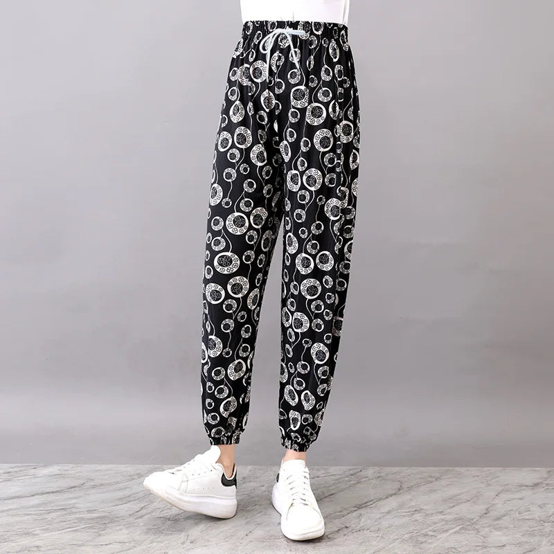 Summer Ladies Ice Silk Loose Casual Home Pants Elastic plus Size Mom Square Sports High Waist Straight Leg Length Nine Points