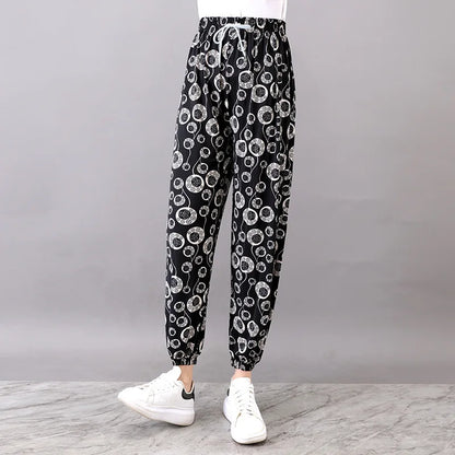 Summer Ladies Ice Silk Loose Casual Home Pants Elastic plus Size Mom Square Sports High Waist Straight Leg Length Nine Points