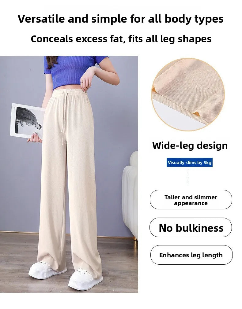 Ice Silk Wide Leg Pants Women's Summer  New High Waist Drape Loose Slimming Straight Bla Floor-Length Casual Trousers