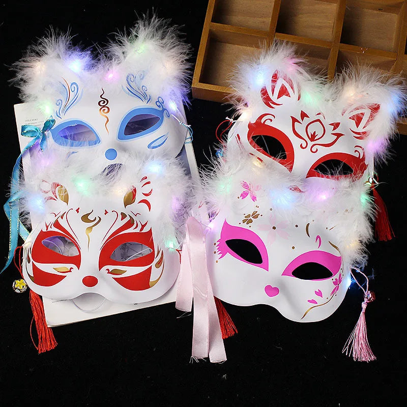 Luminous Feather Fox Mask Half Face Cat Anime Fox Mask Children Luminous Mask Eye Mask Makeup Party Role Play Props