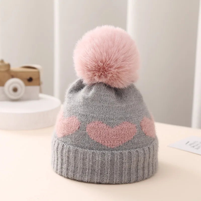 New Winter Baby Hat Double Layer Thickened Jacquard Love Heart Knitted Hat0-12Newborn Baby Knitted Hat