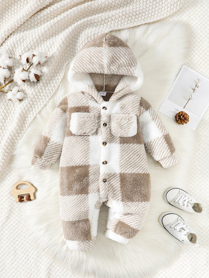 3-24 Months Newborn Baby Boy Winter Clothing Set Lattice Plush Long Sleeved Hooded Jumpsuit Fashion Cute Romper Warm Daily Wear