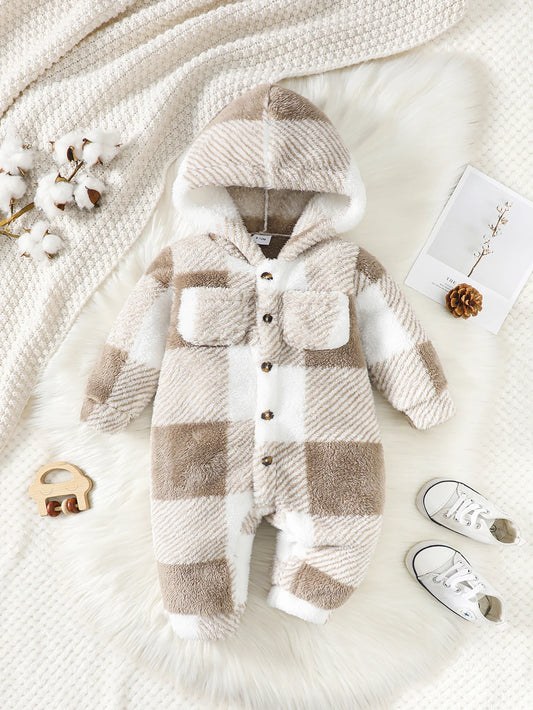 3-24 Months Newborn Baby Boy Winter Clothing Set Lattice Plush Long Sleeved Hooded Jumpsuit Fashion Cute Romper Warm Daily Wear