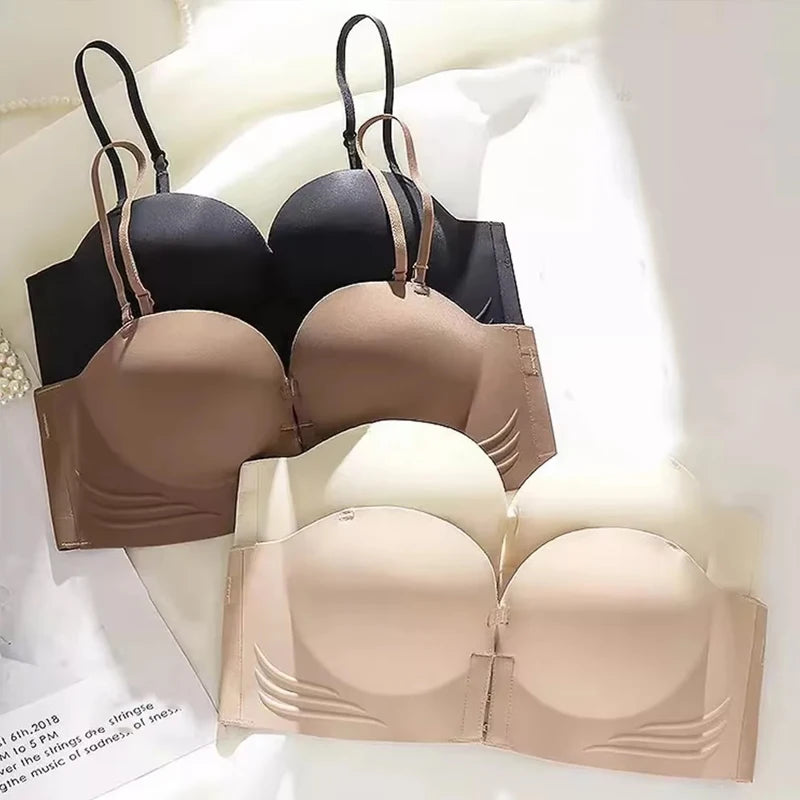 Front Closure Strapless Bras For Women Seamless Push Up Brassiere Thick Soft Underwear Solid Color Adjustable Invisible Lingerie
