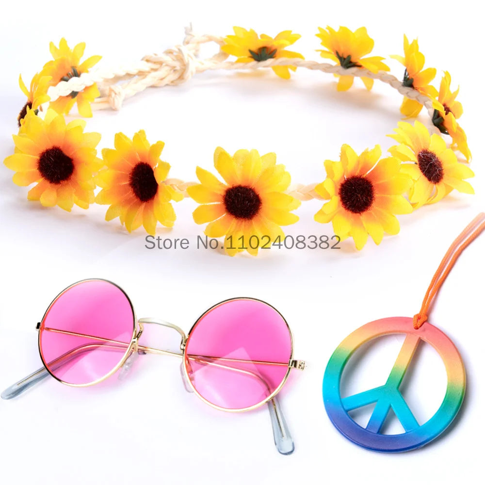 Women 70s 80s Hippie Cosplay Accessories Halloween Party Props Daisy Headband Sunglasses Peace Necklace Hippie Custome wearing