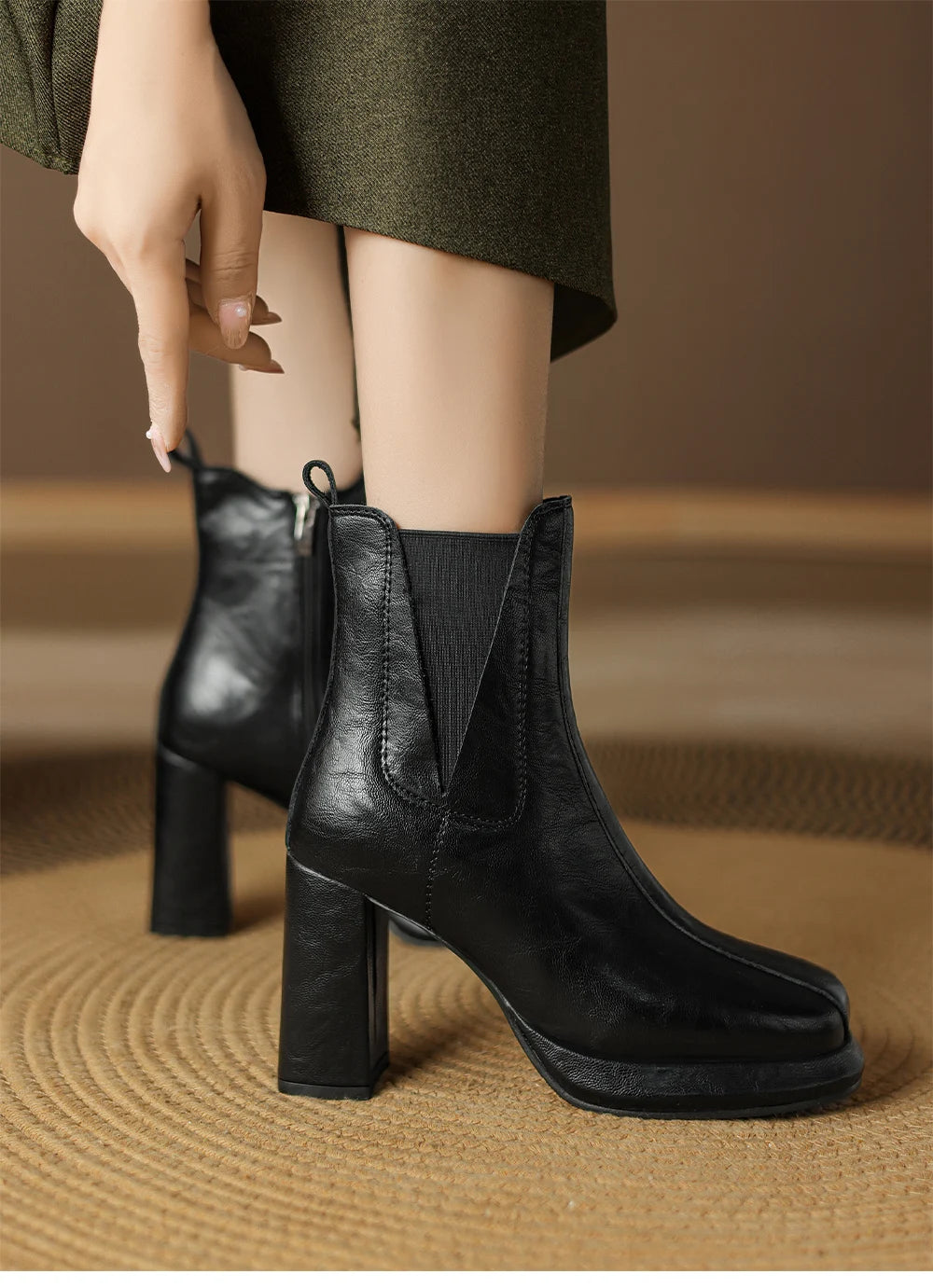 Autumn/Winter Women Boots Round Toe High Heel Shoes for Women Leather Boots Women Handemade Shoes Ankle Boots Ladies Shoes