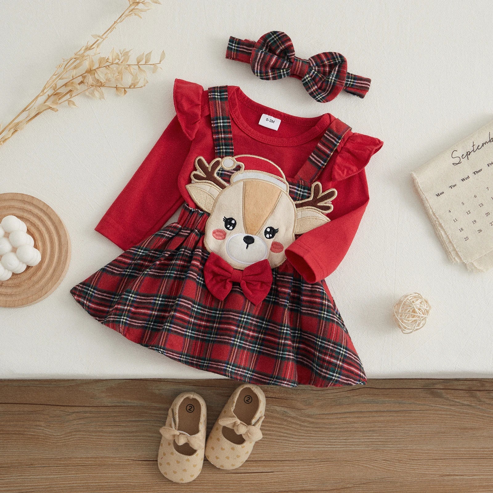 VISgogo 3Pcs Baby Girl Clothes Christmas Outfit Ruffle Long Sleeve Romper Cartoon Elk Embroidery Plaid  A-Line Skirt Headband (Available)