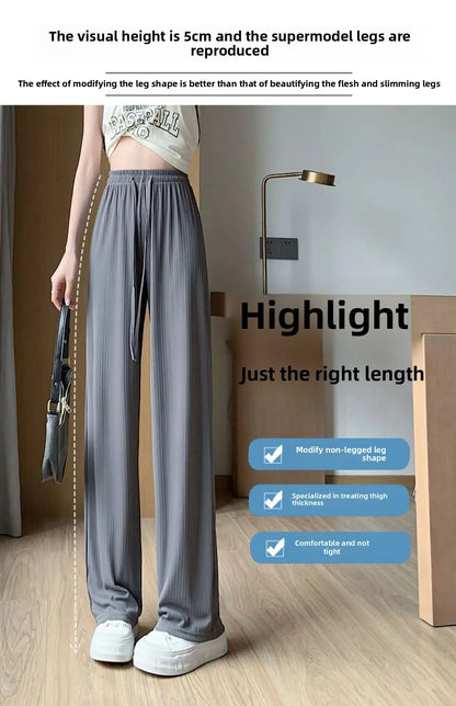 Ice Silk Wide Leg Pants Women's Summer Thin Narrow Version 145 Small Size Drape Straight High Waist Stripe Casual Trousers 150