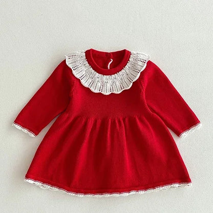 2024 New Autumn Kids Princess Dresses Long Sleeved Knitted Splicing Baby Girl Knitting Party Dress Children Knitting Clothes