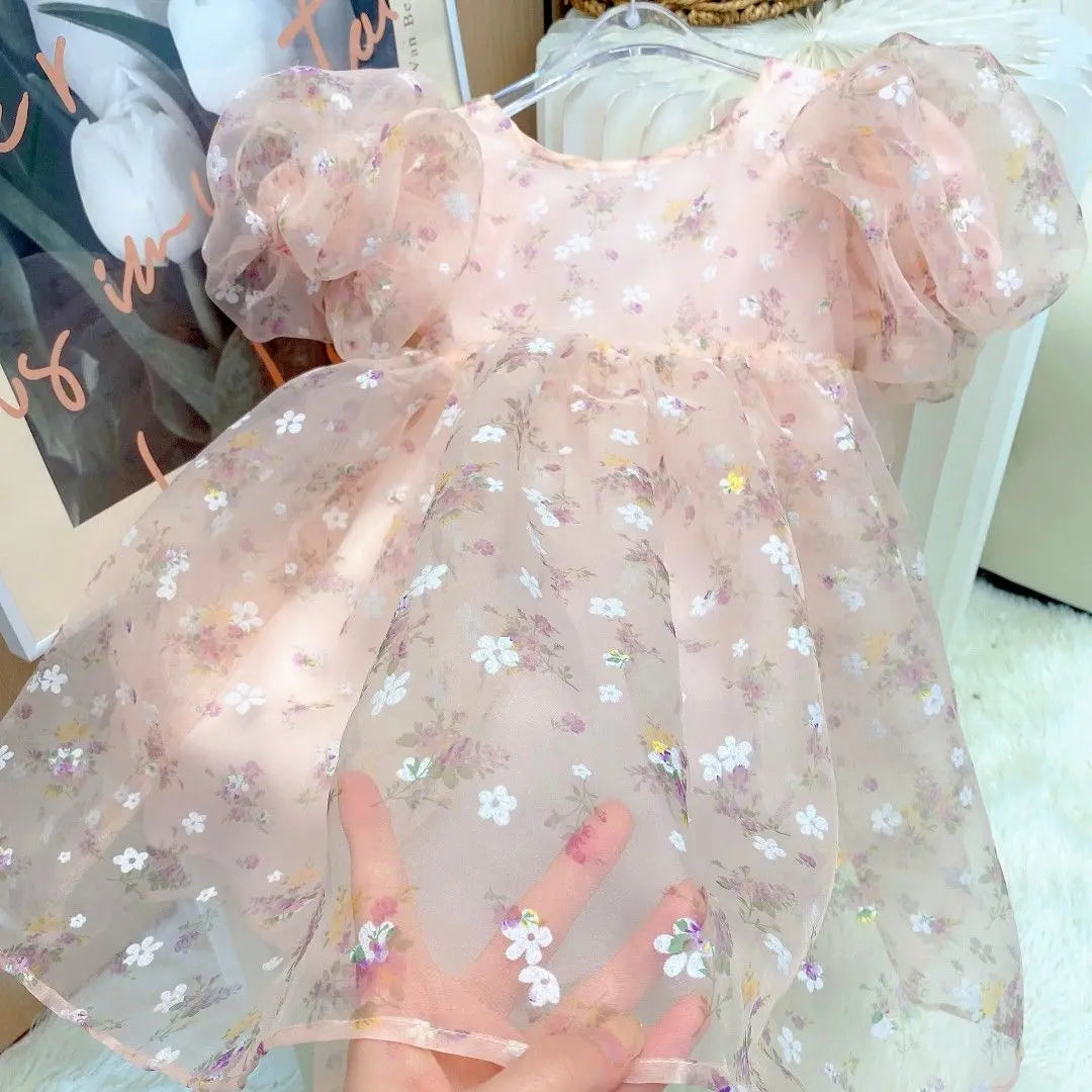 Girls Flower Sweet Gentle Pink Princess Skirt Childrens Ball Gown Puff Sleeve Dress