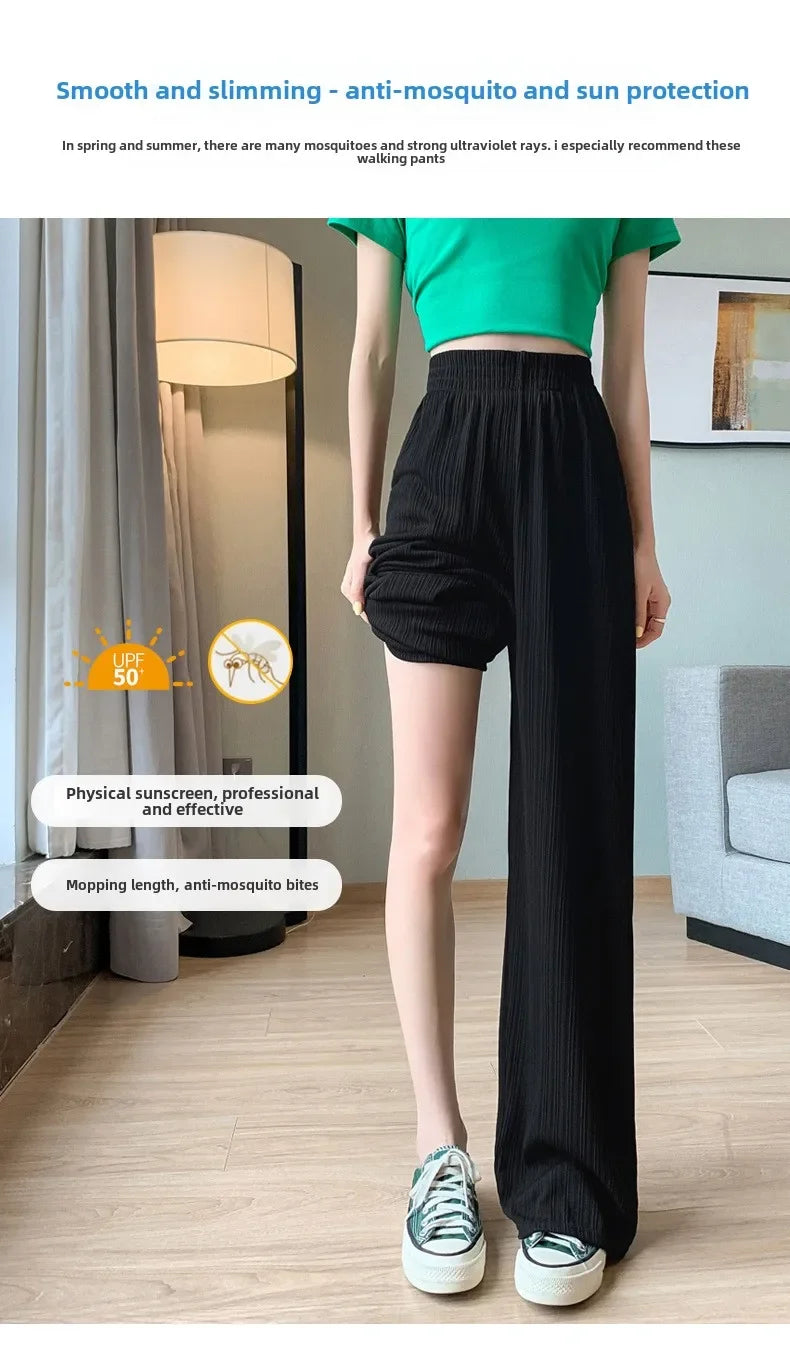 Korea Dongdaemun Ice Silk Wide-leg Pants Women's Thin Slimming Floor Pants White Striped Pants Y2K Fashion Pants Baggy