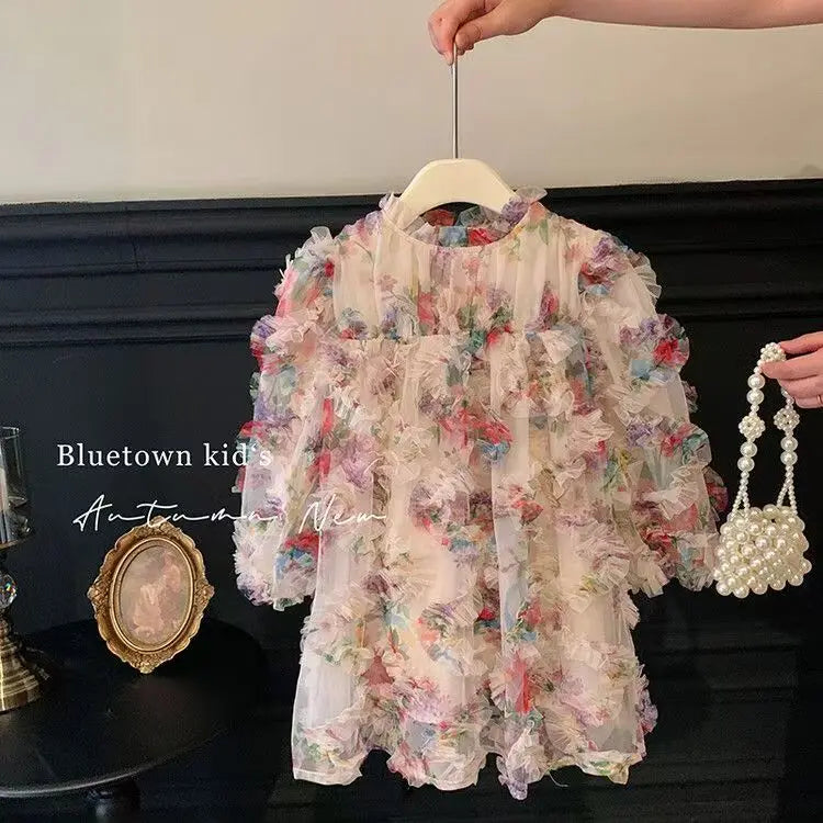 New Baby Girls floral print Fall Mesh Long Sleeve Dress Princess Kids Sweet Party Dresses