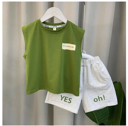 2025 New Boys Baby Girl Summer Vest Set Summer Sleeveless Fashion Boys' and Children's Handsome Two Piece Set