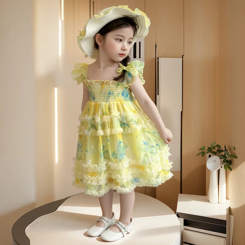 Girl Summer Mesh Dress Doll Baby  Kids Back Butterfly Flower Suspender Princess Dress Fashion Casual