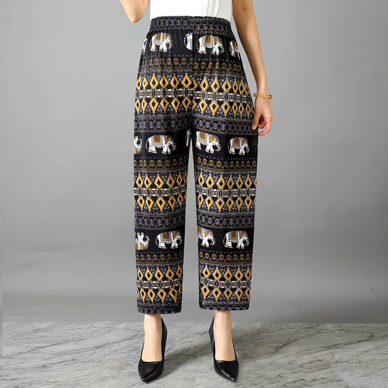 High Waist Floral Pants Straight Leg Home Leisure Women's plus Size High Elasticity Air Conditioning Pants Casual Trousers