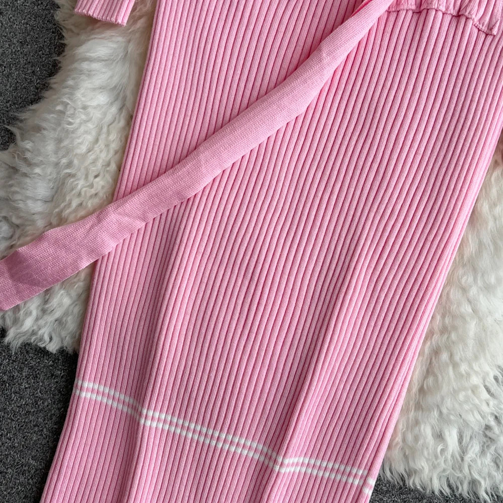 Women Dress  Autumn Winter Elegant Rib Knit Long Pencil Dress with Belt Office Lady Bodycon Sweater Dress Vestidos