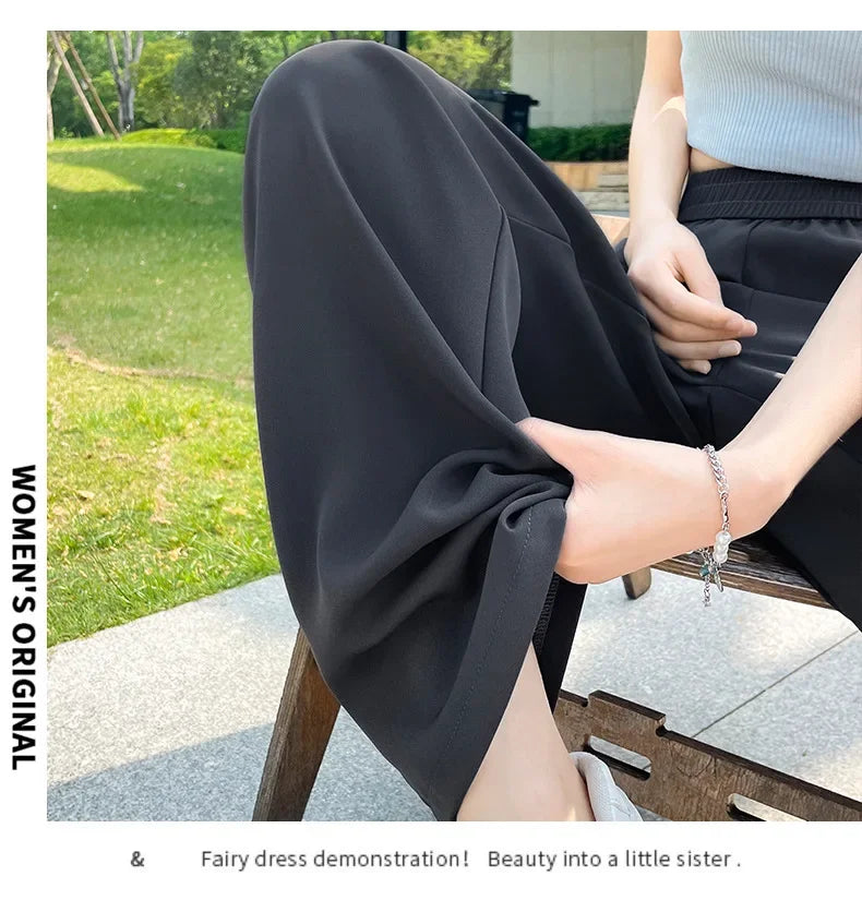 Slim Wide Leg Pants High Waist Drapey Thin Ice Silk Grey Small Size Straight Cut Women's Summer Trousers Long Pants