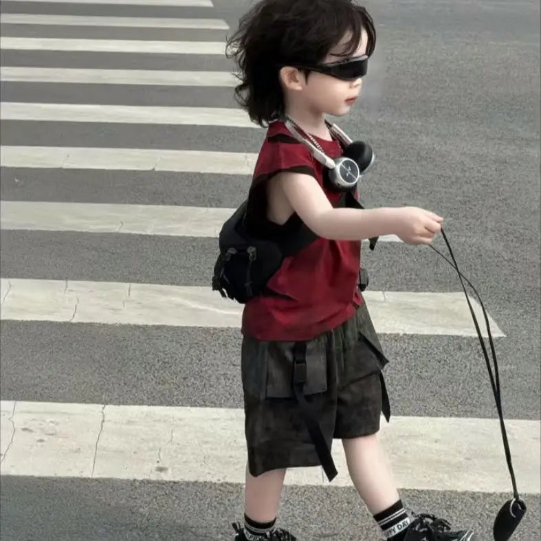 Summer Boys Loose Sleeveless Printed T-Shirt Tops + Hole Shorts  Set Child Outfit Handsome Kids Clothes Boys 2-10Y Vest Suit