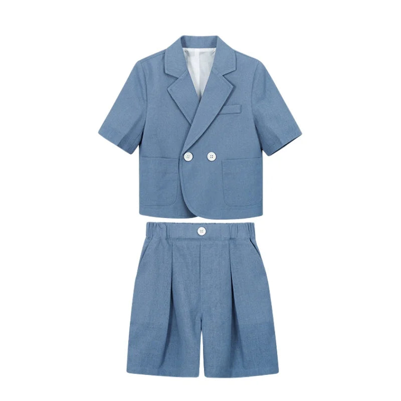 Kids Summer Short-Sleeved Wedding Suit Set Boys Blazer Pants Outfit Children's Piano Host Speech Performance Costume