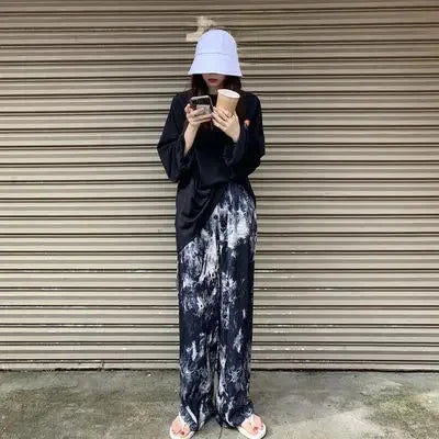 Thai Print Heart Wide Leg Pants Women Summer Thin Loose plus Size High Waist Slimming Long Trousers Casual Fashion plus Size