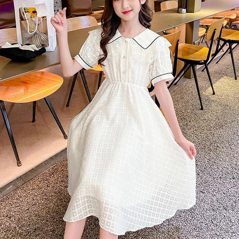 Children's Fashion Preppy Style Sailor Collar Loose Casual Robe Girls' Short Sleeve Sweet Bow Dress Children's Dresses