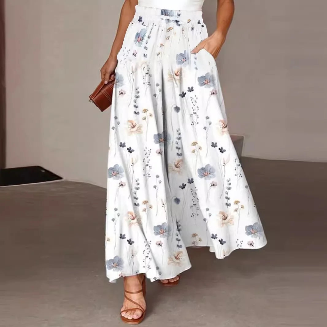 Pant Women Wide Leg Long Pants Print Floral Elastic Waist Straight Trousers  Streetwear Elegant Maxi Capris Loose Summer