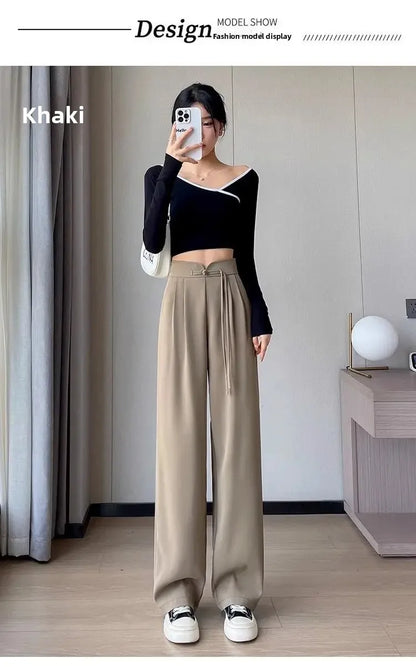 New Chinese Style High Waist Buttoned Suit Pants Women's Spring Summer Casual Wide Leg Pants Versatile Slimming Design