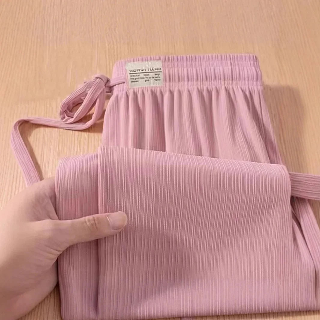 Women's Summer Loose Straight Leg Ice Silk Wide Leg Pants Thin Breathable Slimming Long Trousers Casual Loose Fit plus Size