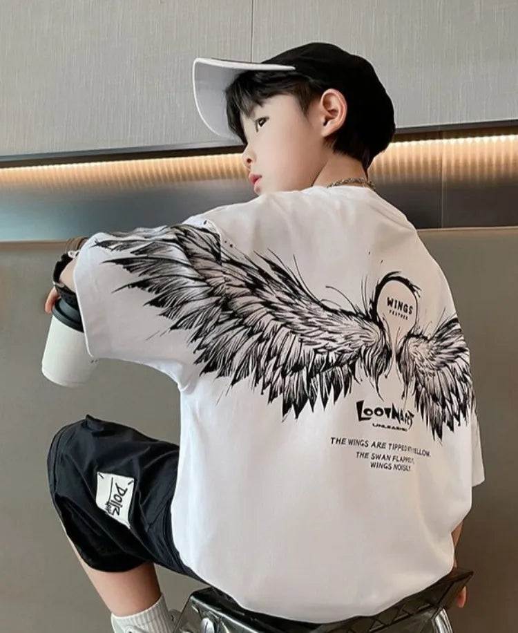 Summer Kids Wing T-Shirt Cotton Loose Stylish Boy's Shirt Big Kids Summerwear