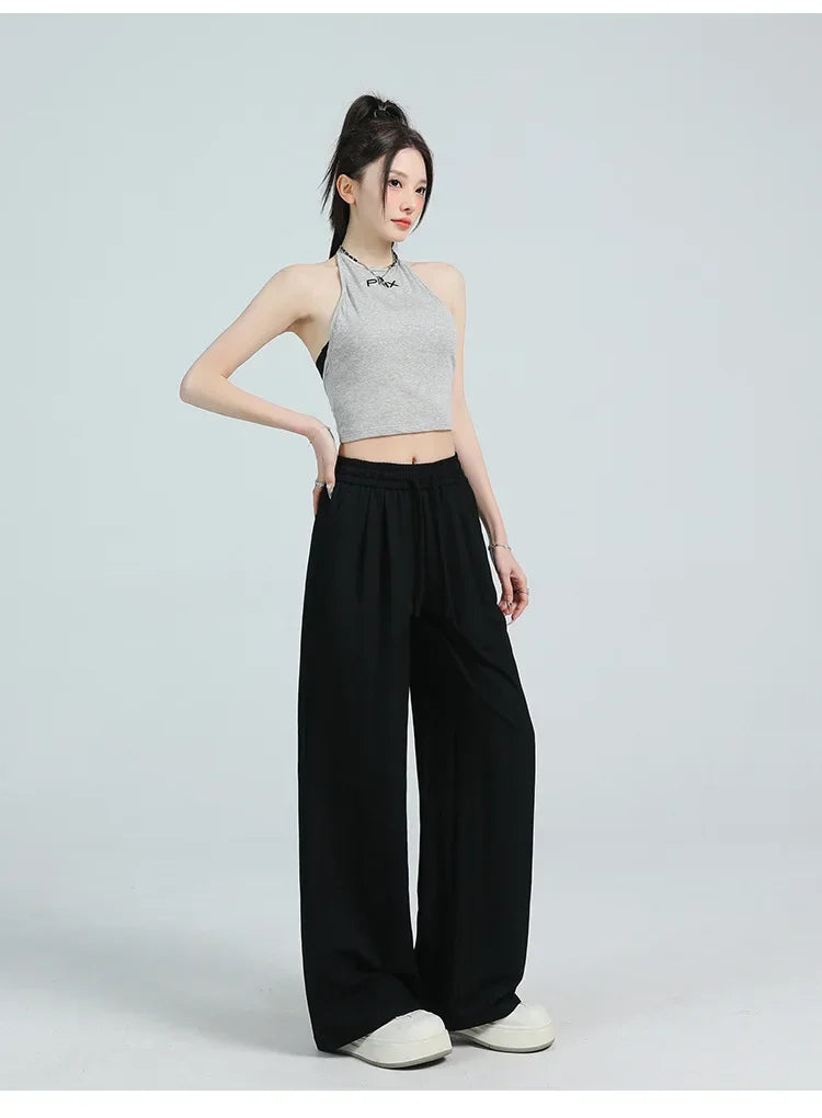 White Ice Silk Wide Leg Pants Women's Summer Thin High Waist Slimming Casual Versatile Elastic Waist Draped Straight Leg Trouser