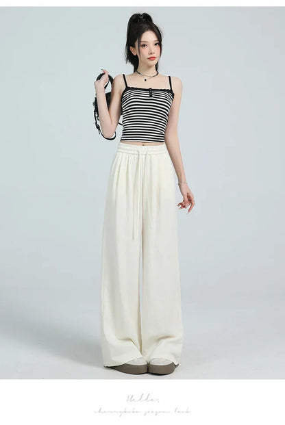 White Ice Silk Wide Leg Pants Women's Summer Thin High Waist Slimming Casual Versatile Elastic Waist Draped Straight Leg Trouser