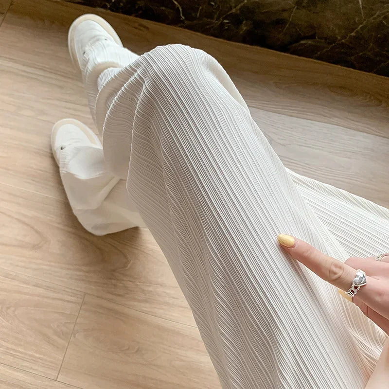 Korea Dongdaemun Ice Silk Wide-leg Pants Women's Thin Slimming Floor Pants White Striped Pants Y2K Fashion Pants Baggy
