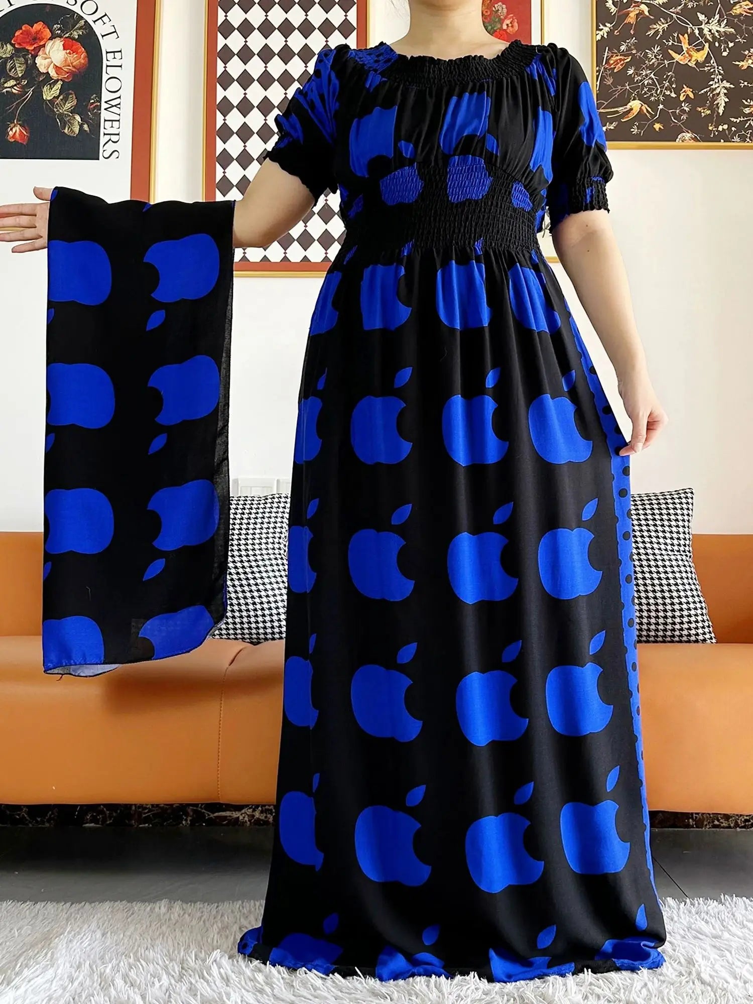 Women Party Dress Muslim Summer Short Sleeve Long Dress Collect Waist Floral Boubou Maxi Islam Women Dress African Abaya Clothes