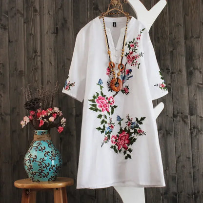 Women Dresses Women's Embroidered Dress Summer Loose Short Sleeve Skirt Vestido De Mujer Femme Robe