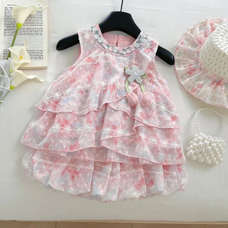 Baby Girls Summer Clothes Sweet Lace Embroidery Flowers 3pcs Sets Tops Shirts+shorts+hat,Kids Children Princess Clothes
