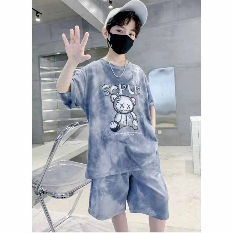 Boys Sports Suit Summer Cartoon Sets New Children's Short-Sleeved T-Shirt Shorts  Kids Fashion Loose Clothes Outfit