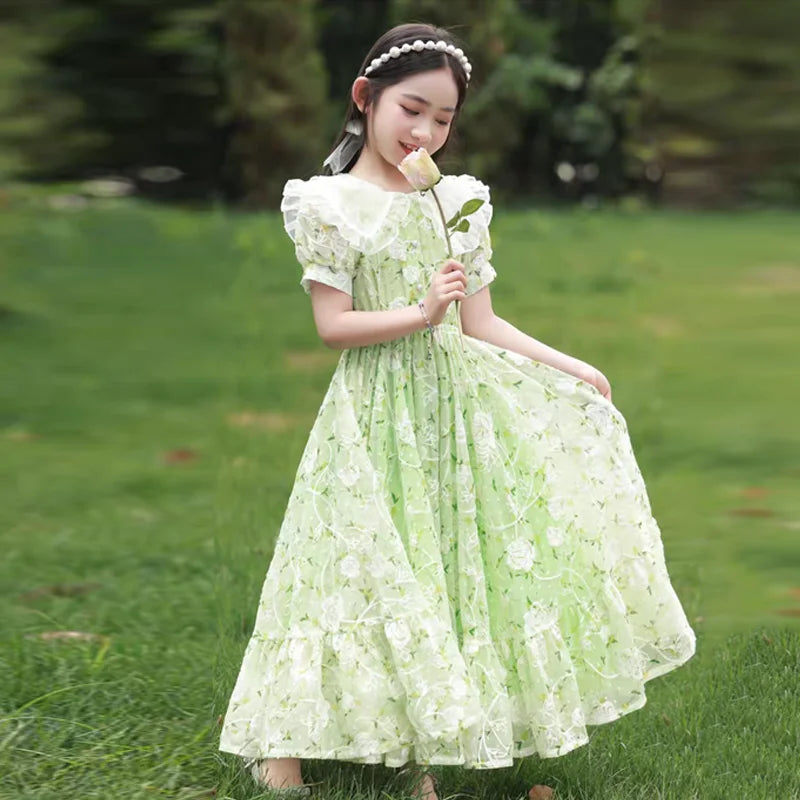 Girls Summer Dresses Children's Princess Gown Big Kids Short-sleeved Dress Teen Girls Peter Pan Collar Clothing