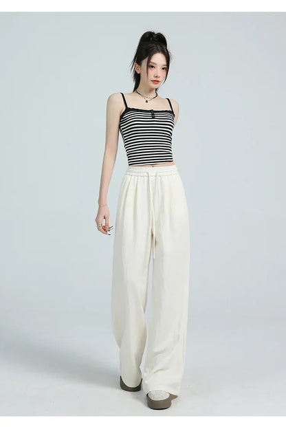 White Ice Silk Wide Leg Pants Women's Summer Thin High Waist Slimming Casual Versatile Elastic Waist Draped Straight Leg Trouser
