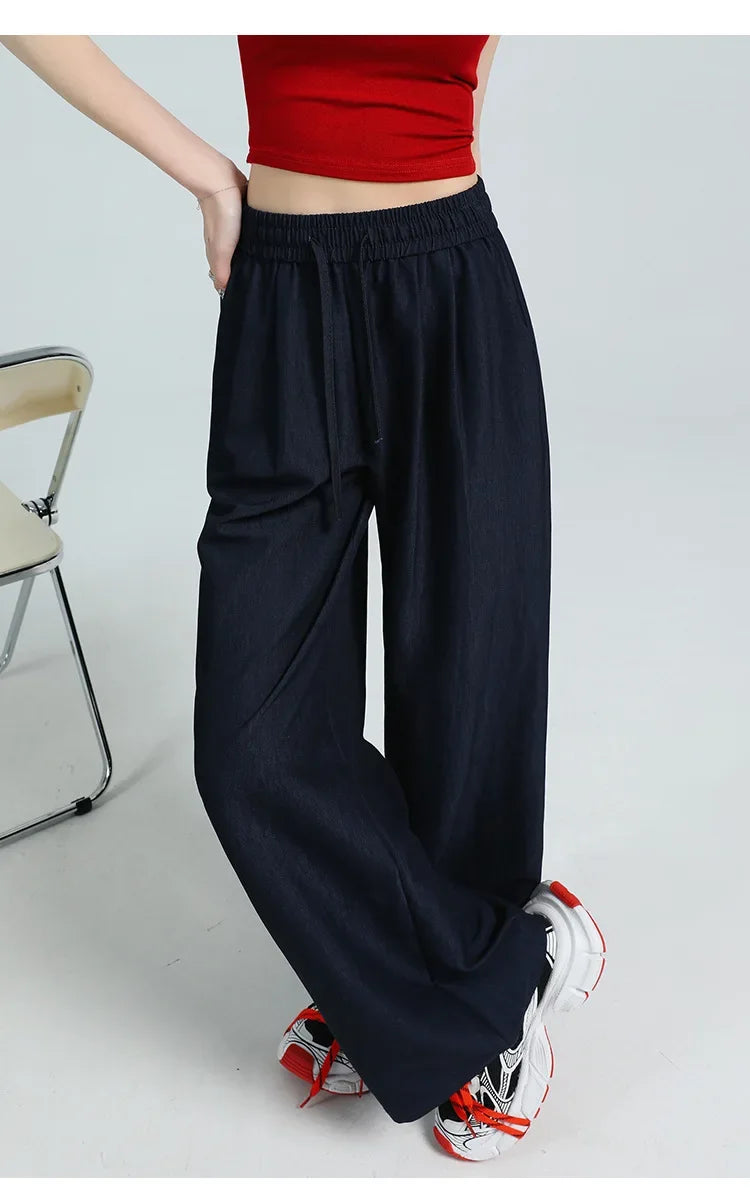 White Ice Silk Wide Leg Pants Women's Summer Thin High Waist Slimming Casual Versatile Elastic Waist Draped Straight Leg Trouser